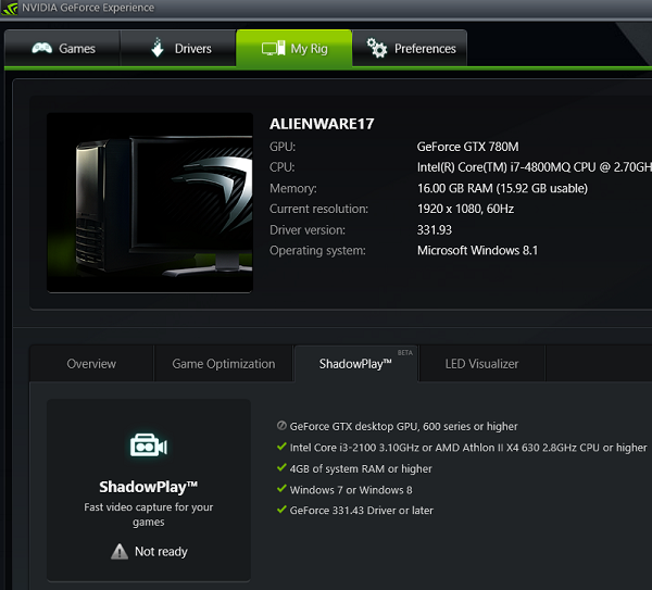 geforce experience alienware shadowplay no
